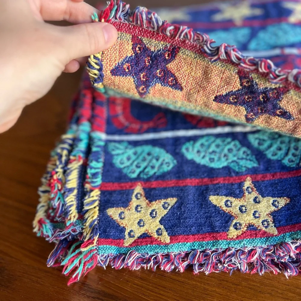 Set of 8 Vintage Cotton Woven Coastal Placemat Seashell Design Nautical 80s-90s